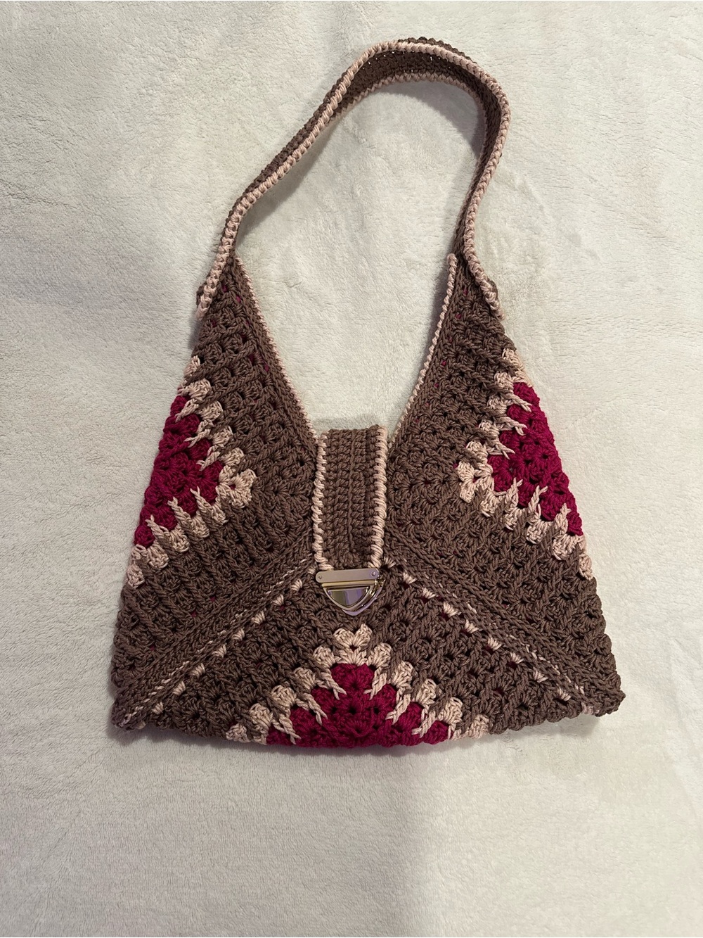 New Crocheted Shoulder Bag in Brown, Pink & Wine